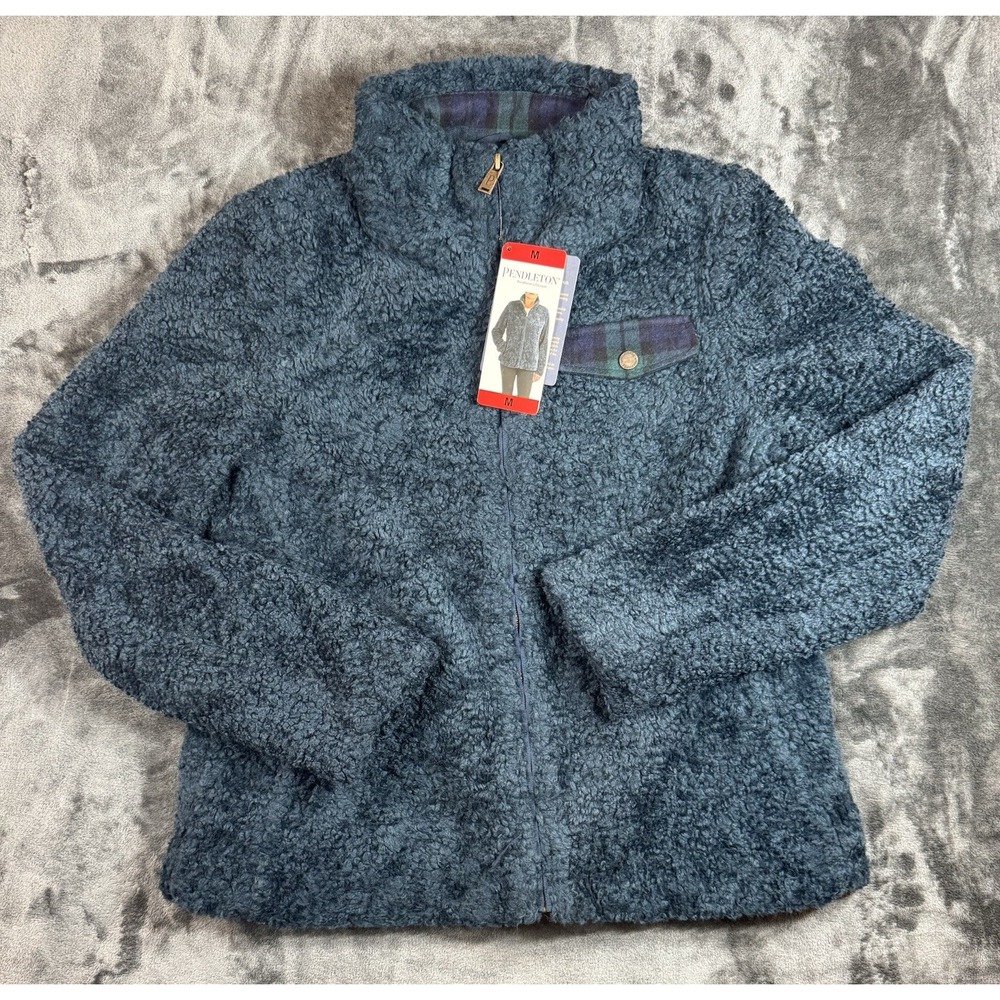 Pendleton Womens Medium Sherpa Fleece Jacket Blue Plaid Full Zip NWT